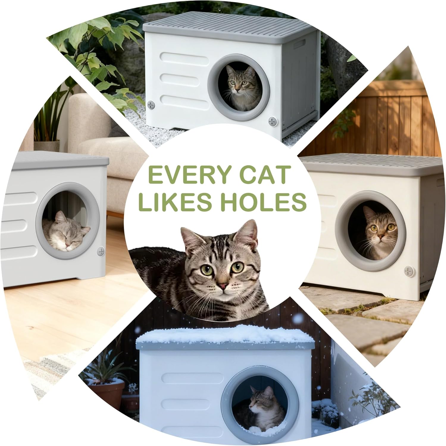 Outdoor Cat House Weatherproof, Insulated Heavy-Duty HDPE Feral Cat Shelter with Cozy Cushion, Elevated Stackable Round Entrance Cat House for All Seasons Indoor Outdoor (Grey and White)